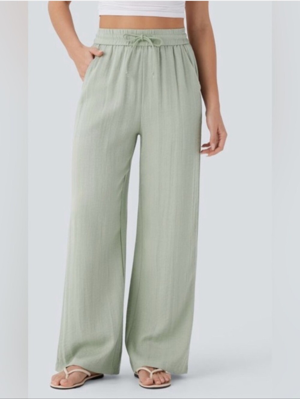 Halara High Waisted Drawstring Pocket Wide Leg Casual Linen-Feel Pants XL